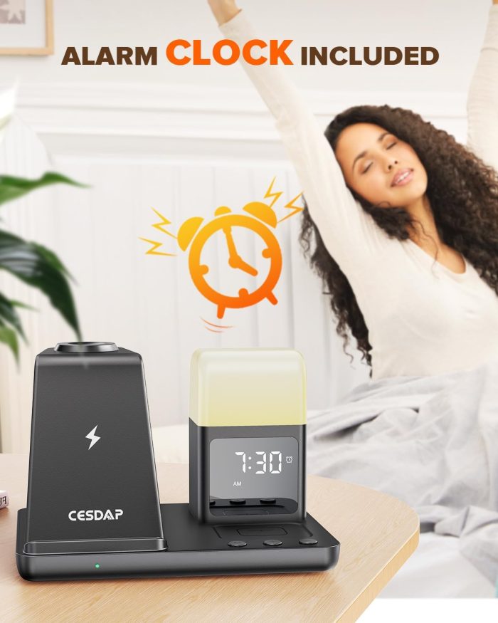 6 in 1 Wireless Charging Station for Apple Charging Station for Multiple Devices with Alarm Clock and Night Light nightstand Charging Station for iPhone 16 15 14 13 for Apple Watch - Image 3