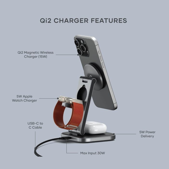 Satechi 3 in 1 Wireless Charging Station. Qi2 15W Magnetic. Foldable Travel Charger Station for iPhone 16/15/14/13/12. Apple Watch Ultra & Ultra 2 and Series 7-10 and AirPods Pro & Gen 4/3/2/1 - Image 2