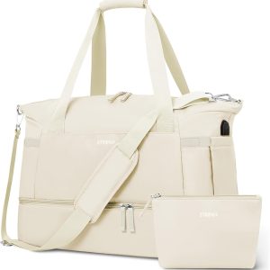 ETRONIK Gym Bag for Women. 47L Carry On Travel Duffel Bag with Shoes Compartment. Weekender Overnight Bag with Wet Pocket & USB Charging Port for Women. Travel. Gym. Weekend. Large Size (Beige)