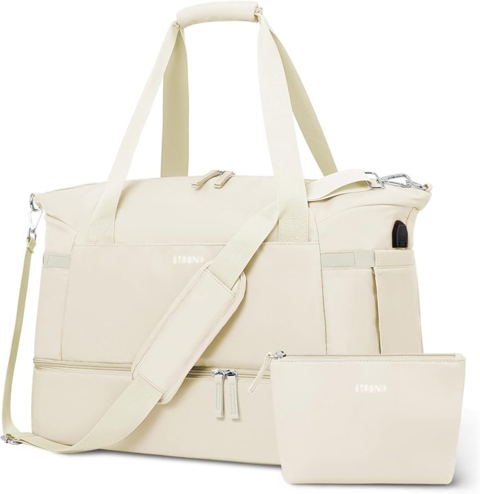 ETRONIK Gym Bag for Women. 47L Carry On Travel Duffel Bag with Shoes Compartment. Weekender Overnight Bag with Wet Pocket & USB Charging Port for Women. Travel. Gym. Weekend. Large Size (Beige)