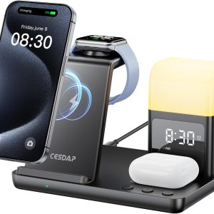 6 in 1 Wireless Charging Station for Apple Charging Station for Multiple Devices with Alarm Clock and Night Light nightstand Charging Station for iPhone 16 15 14 13 for Apple Watch