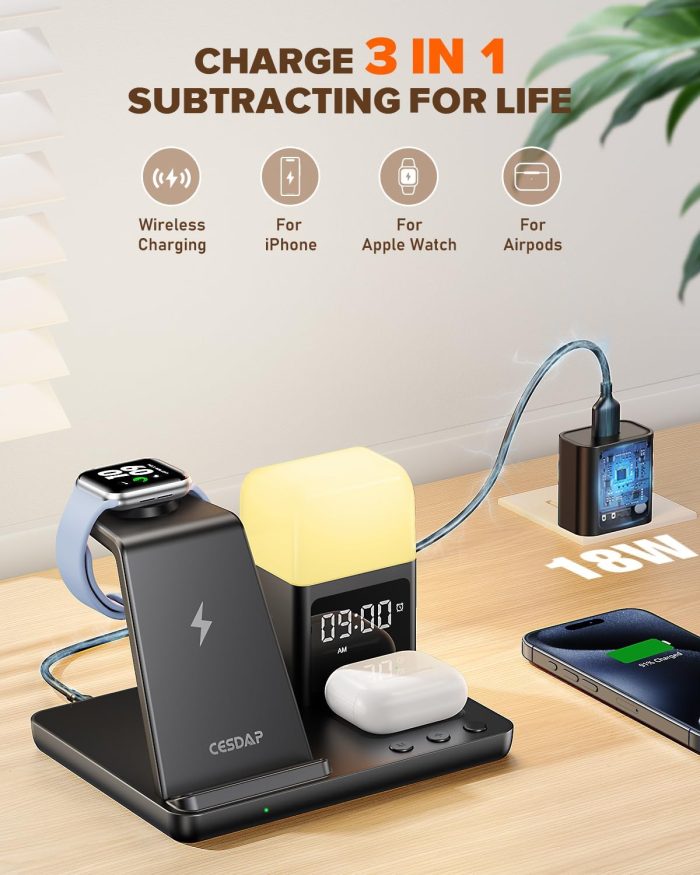 6 in 1 Wireless Charging Station for Apple Charging Station for Multiple Devices with Alarm Clock and Night Light nightstand Charging Station for iPhone 16 15 14 13 for Apple Watch - Image 2