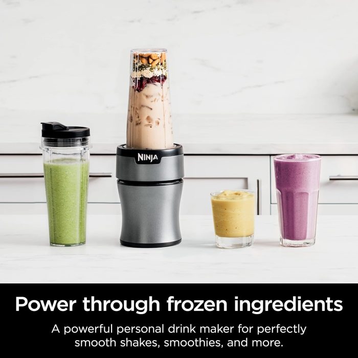 Ninja BN301 Nutri-Blender Plus Compact Personal Blender. 900-Peak-Watt Motor. Frozen Drinks. Smoothies. Sauces & More. (3) 20 oz. To-Go Cups. (2) Spout-Lids (1) Storage-Lid. Dishwasher Safe. Silver - Image 2