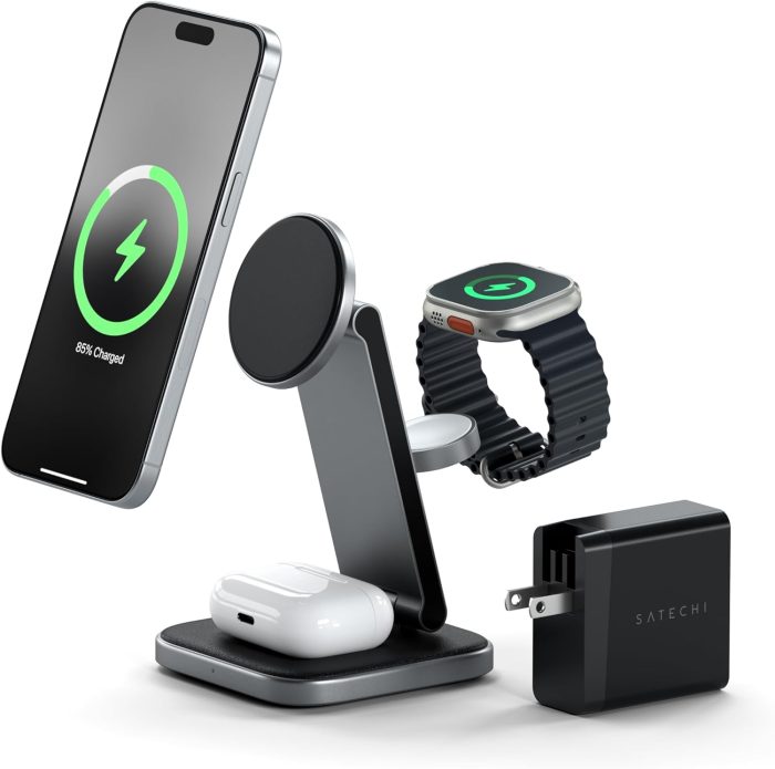 Satechi 3 in 1 Wireless Charging Station. Qi2 15W Magnetic. Foldable Travel Charger Station for iPhone 16/15/14/13/12. Apple Watch Ultra & Ultra 2 and Series 7-10 and AirPods Pro & Gen 4/3/2/1