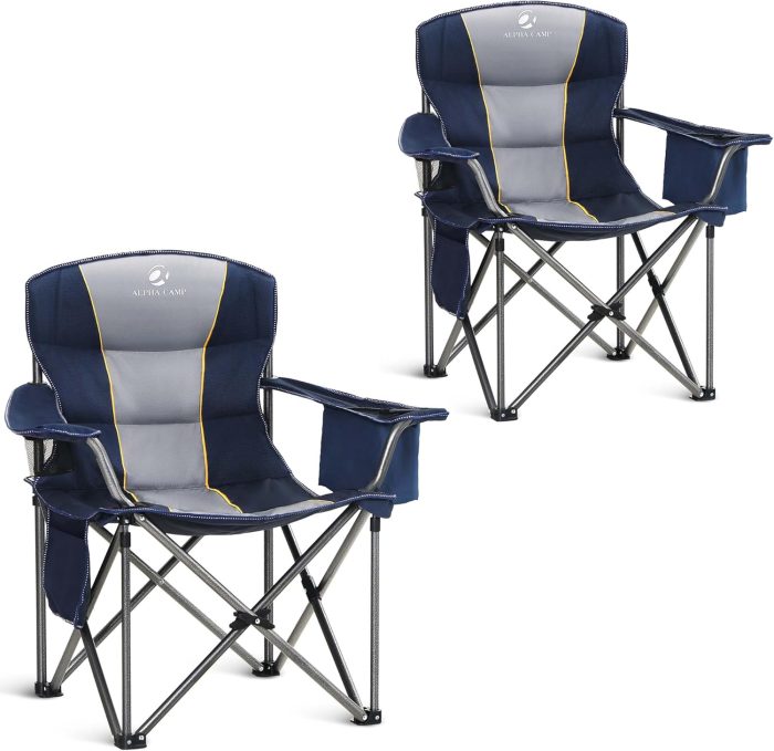 ALPHA CAMP Oversized Camping Folding Chair Heavy Duty with Cooler Bag Support 450 LBS Steel Frame Collapsible Padded Arm Quad Lumbar Back Chair Portable for Lawn Outdoor.Blue
