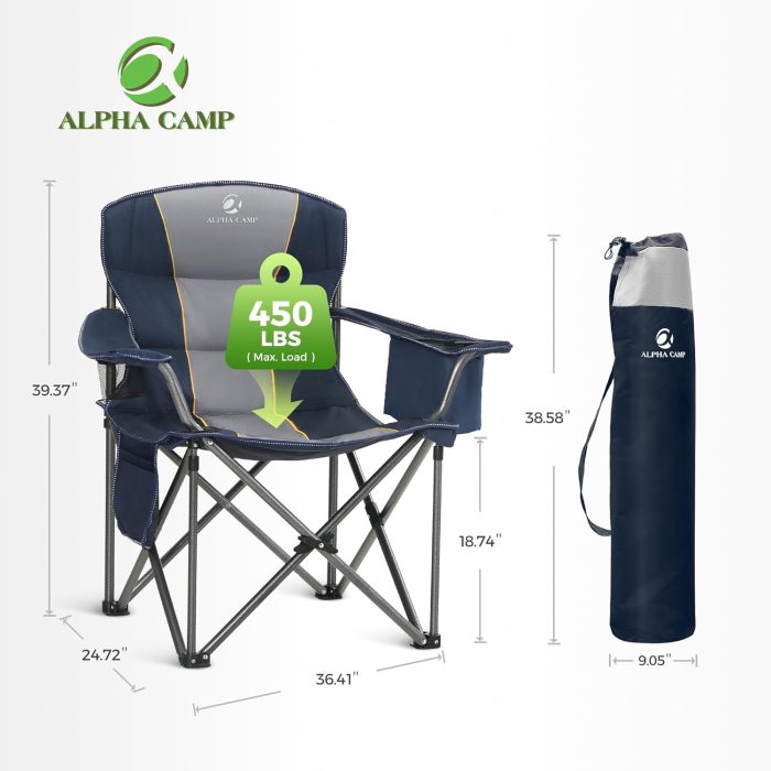 ALPHA CAMP Oversized Camping Folding Chair Heavy Duty with Cooler Bag Support 450 LBS Steel Frame Collapsible Padded Arm Quad Lumbar Back Chair Portable for Lawn Outdoor.Blue - Image 2