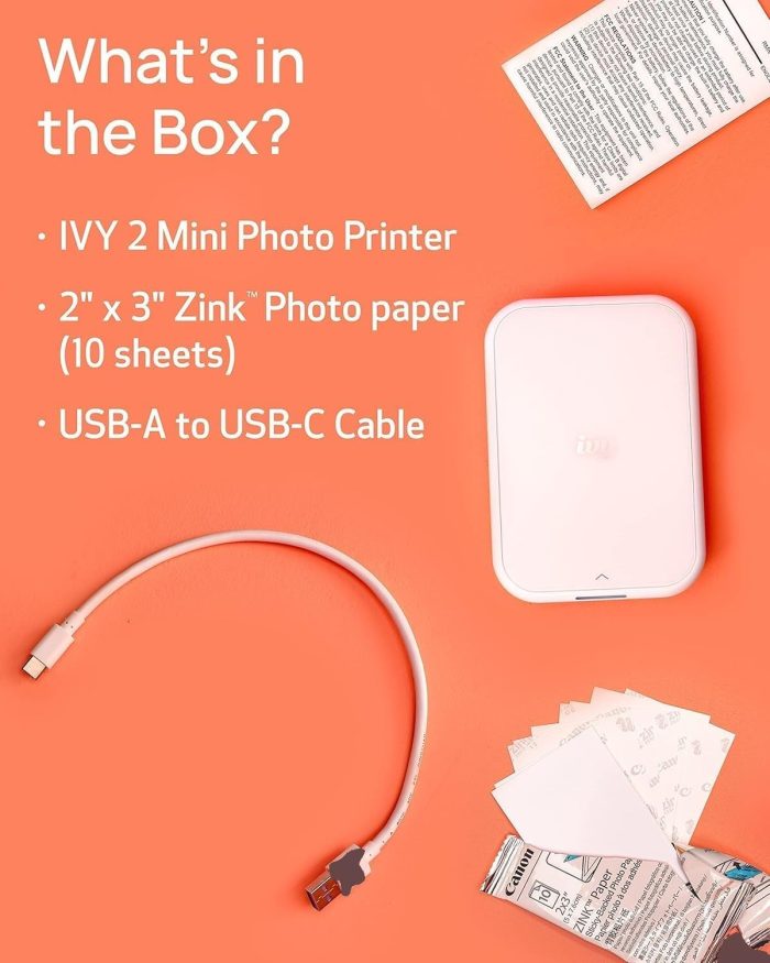 Canon Ivy 2 Mini Photo Printer (Pure White) - Bluetooth. Print from iOS & Android Devices. Bundle Incl. 110 Zink Sticky-Back Prints. LED Light Bar. Protective Case. and USB Cable - Image 5