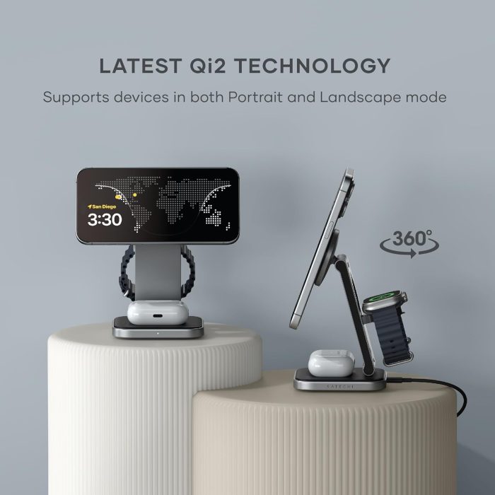 Satechi 3 in 1 Wireless Charging Station. Qi2 15W Magnetic. Foldable Travel Charger Station for iPhone 16/15/14/13/12. Apple Watch Ultra & Ultra 2 and Series 7-10 and AirPods Pro & Gen 4/3/2/1 - Image 3