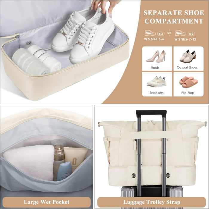 ETRONIK Gym Bag for Women. 47L Carry On Travel Duffel Bag with Shoes Compartment. Weekender Overnight Bag with Wet Pocket & USB Charging Port for Women. Travel. Gym. Weekend. Large Size (Beige) - Image 5