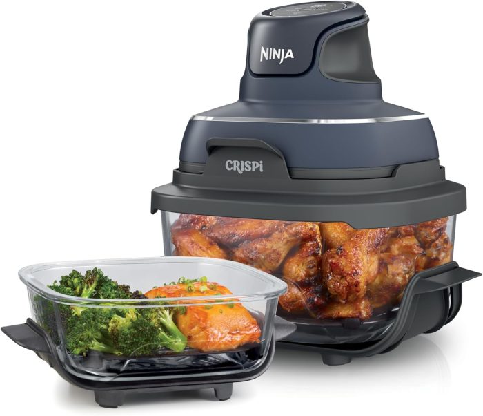 Ninja Crispi 4-in-1 Portable Glass Air Fryer Cooking System. 4QT & 6 Cup Glass Containers with Storage Lids. Easy Meals. Microwave. Freezer & Dishwasher Safe. Air Fry. Bake & More. Cyberspace. FN101GY