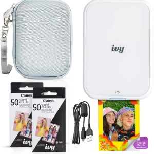 Canon Ivy 2 Mini Photo Printer (Pure White) - Bluetooth. Print from iOS & Android Devices. Bundle Incl. 110 Zink Sticky-Back Prints. LED Light Bar. Protective Case. and USB Cable