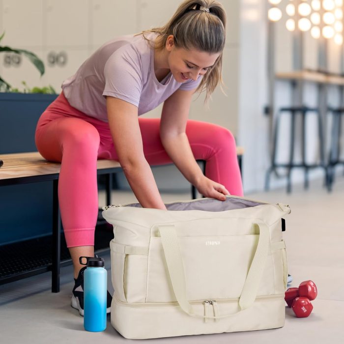 ETRONIK Gym Bag for Women. 47L Carry On Travel Duffel Bag with Shoes Compartment. Weekender Overnight Bag with Wet Pocket & USB Charging Port for Women. Travel. Gym. Weekend. Large Size (Beige) - Image 2