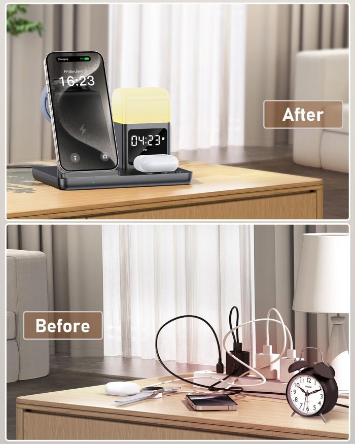 6 in 1 Wireless Charging Station for Apple Charging Station for Multiple Devices with Alarm Clock and Night Light nightstand Charging Station for iPhone 16 15 14 13 for Apple Watch - Image 6