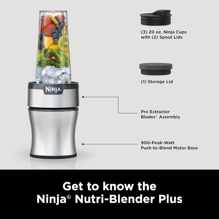 Ninja BN301 Nutri-Blender Plus Compact Personal Blender. 900-Peak-Watt Motor. Frozen Drinks. Smoothies. Sauces & More. (3) 20 oz. To-Go Cups. (2) Spout-Lids (1) Storage-Lid. Dishwasher Safe. Silver - Image 10