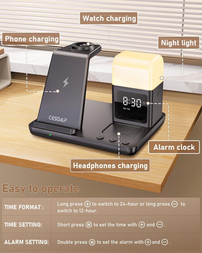 6 in 1 Wireless Charging Station for Apple Charging Station for Multiple Devices with Alarm Clock and Night Light nightstand Charging Station for iPhone 16 15 14 13 for Apple Watch - Image 8