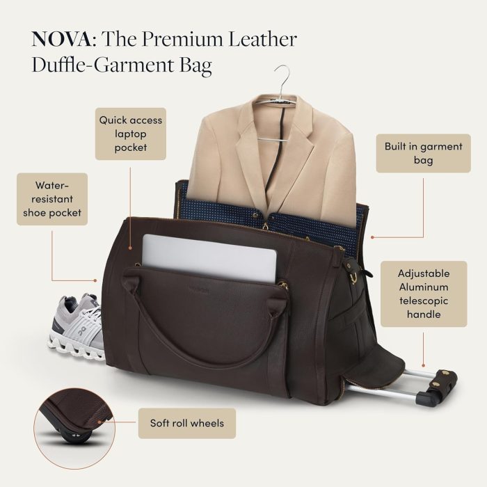 Wool & Oak - NOVA Large Duffle Bag with Wheels - Carry On Garment Duffle Bags for Travel. Overnight. Hospital. Travel Bags for Women & Men with Shoe Compartment & Tech Pocket (Leather. Chocolate) - Image 3