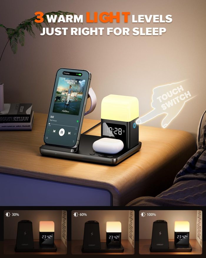 6 in 1 Wireless Charging Station for Apple Charging Station for Multiple Devices with Alarm Clock and Night Light nightstand Charging Station for iPhone 16 15 14 13 for Apple Watch - Image 4