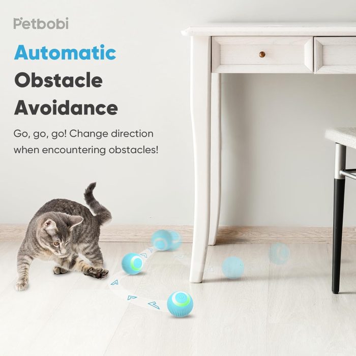 Petbobi Interactive Cat Toy Ball - Automatic Cat Toy with LED Light. USB Rechargeable Self Moving Ball. Indoor Active Rolling Toys. 360°Rotating Smart Sphere. 2 Modes. Fun Gift for Kitten. Green - Image 3