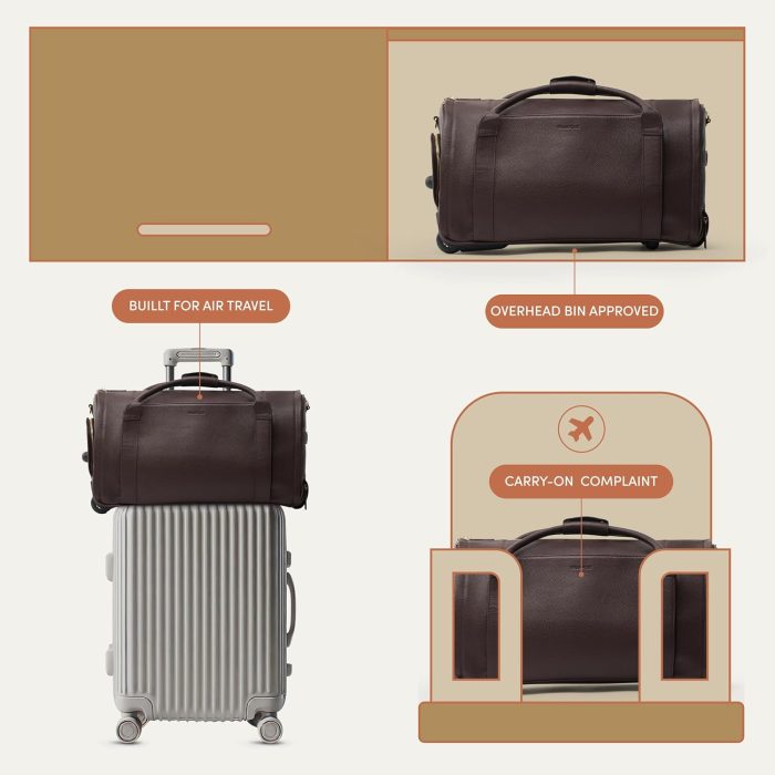Wool & Oak - NOVA Large Duffle Bag with Wheels - Carry On Garment Duffle Bags for Travel. Overnight. Hospital. Travel Bags for Women & Men with Shoe Compartment & Tech Pocket (Leather. Chocolate) - Image 9