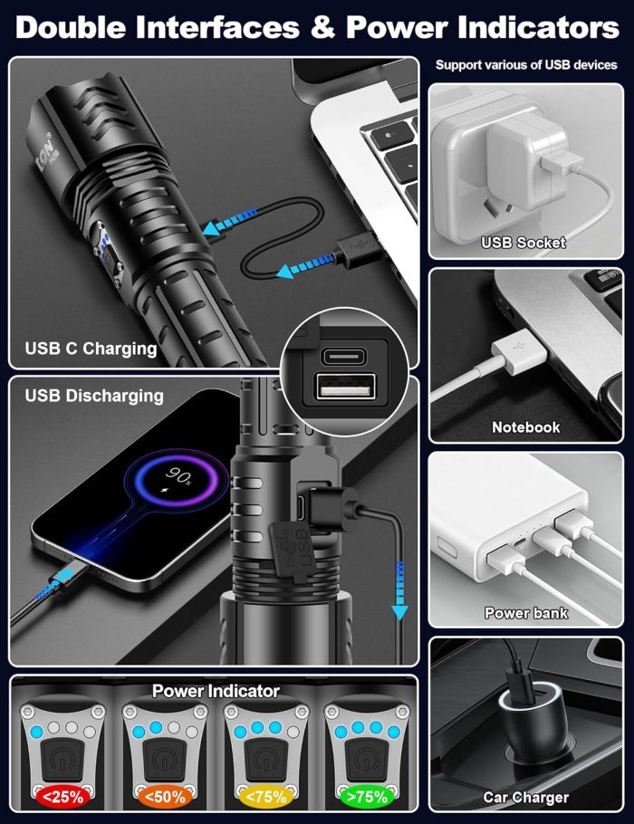 PHIXTON Rechargeable Flashlights High Lumens 1000000 Super Bright Long Range 3280FT. Long Lasting 15H Powerful USB C LED Strong Flash Light High Powered. Heavy Duty. Zoomable. for Home Camping Gift - Image 5