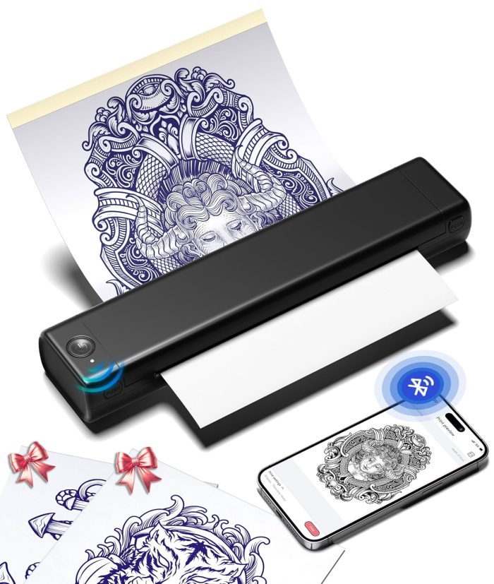 Phomemo Bluetooth Tattoo Stencil Printer. Wireless M08F Tattoo Machine with 10pcs Free Transfer Paper. Thermal Portable Printer for Artists & Beginners. Compatible with Phone. Tablet & PC. Black