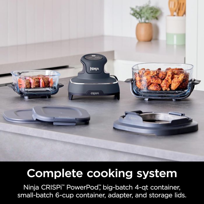 Ninja Crispi 4-in-1 Portable Glass Air Fryer Cooking System. 4QT & 6 Cup Glass Containers with Storage Lids. Easy Meals. Microwave. Freezer & Dishwasher Safe. Air Fry. Bake & More. Cyberspace. FN101GY - Image 2