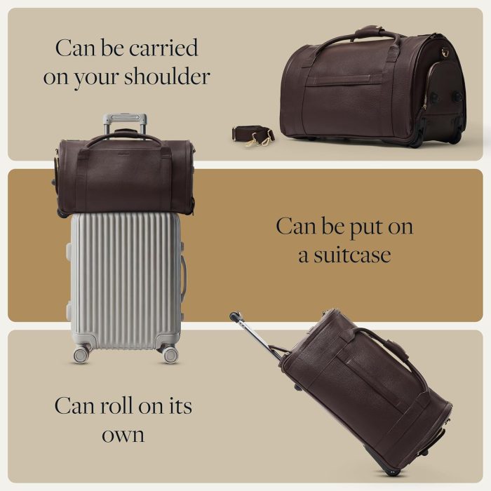 Wool & Oak - NOVA Large Duffle Bag with Wheels - Carry On Garment Duffle Bags for Travel. Overnight. Hospital. Travel Bags for Women & Men with Shoe Compartment & Tech Pocket (Leather. Chocolate) - Image 8