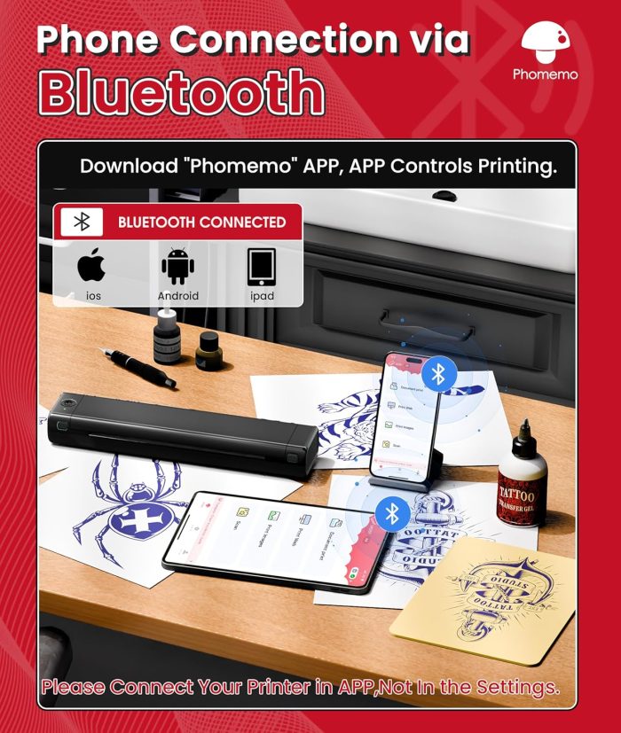 Phomemo Bluetooth Tattoo Stencil Printer. Wireless M08F Tattoo Machine with 10pcs Free Transfer Paper. Thermal Portable Printer for Artists & Beginners. Compatible with Phone. Tablet & PC. Black - Image 3