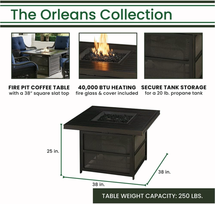 Hanover Orleans 5-Piece Steel Patio Fire Pit Conversation Set with Cushions, Swivel Gliders and Square Fire Pit Table - Image 5