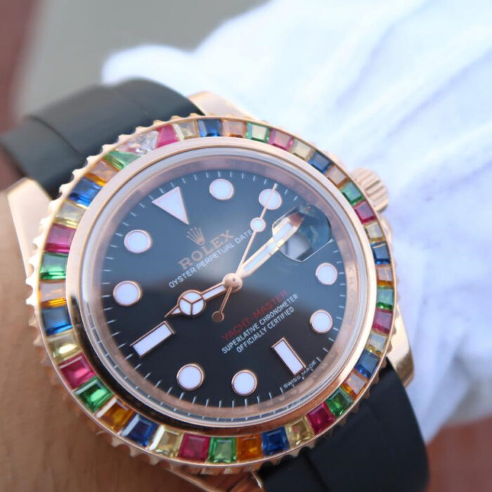 YACHT MASTER 1 GOLDEN DIAMOND BEZEL BLACK DIAL RUBBER STRAP 40MM - Image 4