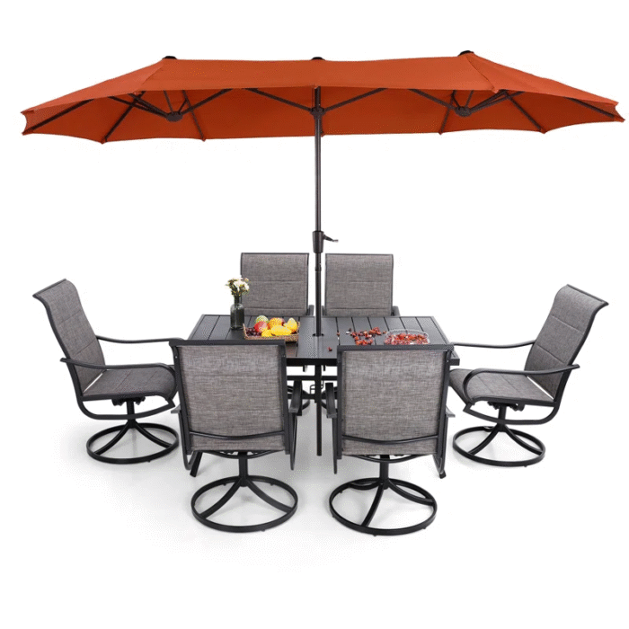 8 Pieces Patio Dining Set with Umbrella,Outdoor Furniture Set with 6 Sling Dining Swivel Chairs - Image 2