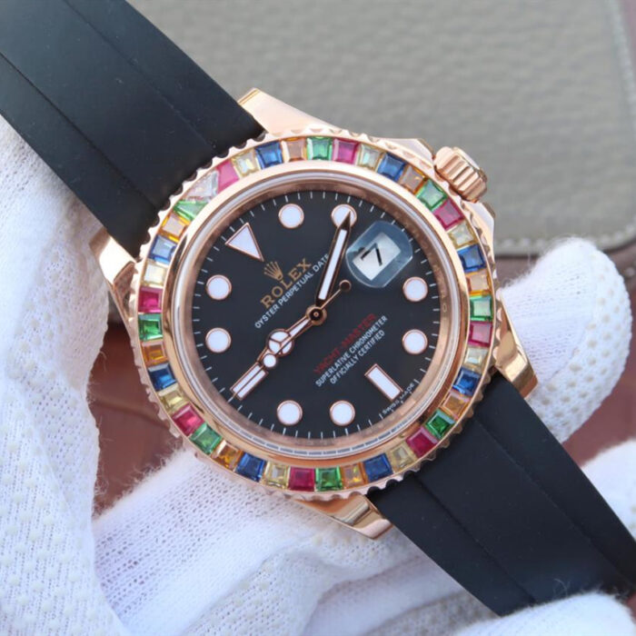 YACHT MASTER 1 GOLDEN DIAMOND BEZEL BLACK DIAL RUBBER STRAP 40MM - Image 11