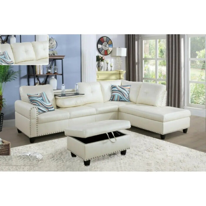Brandow 97.2' Wide Faux Leather Sofa & Chaise with Ottoman - Image 9