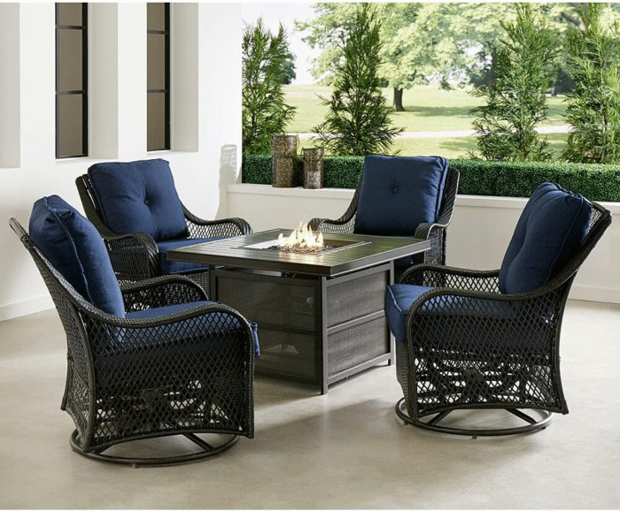 Hanover Orleans 5-Piece Steel Patio Fire Pit Conversation Set with Cushions, Swivel Gliders and Square Fire Pit Table - Image 10