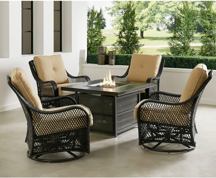 Hanover Orleans 5-Piece Steel Patio Fire Pit Conversation Set with Cushions, Swivel Gliders and Square Fire Pit Table - Image 11