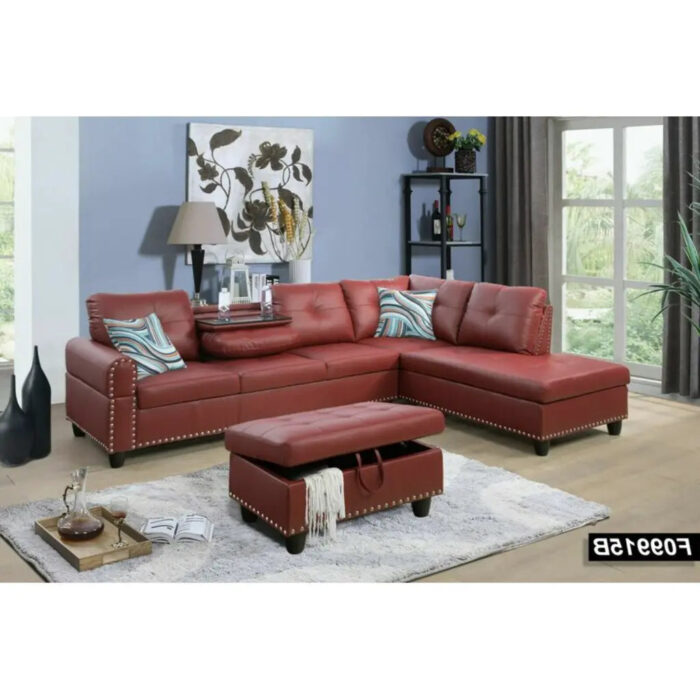 Brandow 97.2' Wide Faux Leather Sofa & Chaise with Ottoman - Image 8