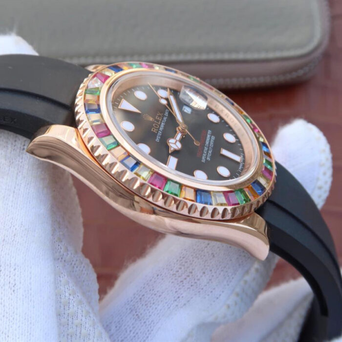 YACHT MASTER 1 GOLDEN DIAMOND BEZEL BLACK DIAL RUBBER STRAP 40MM - Image 6