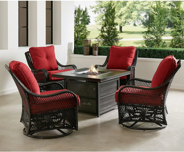 Hanover Orleans 5-Piece Steel Patio Fire Pit Conversation Set with Cushions, Swivel Gliders and Square Fire Pit Table - Image 2