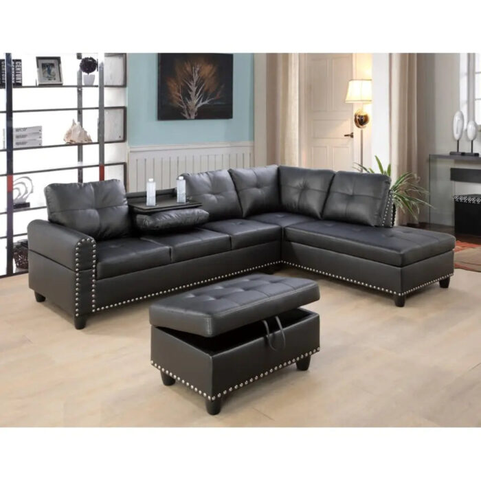Brandow 97.2' Wide Faux Leather Sofa & Chaise with Ottoman - Image 6