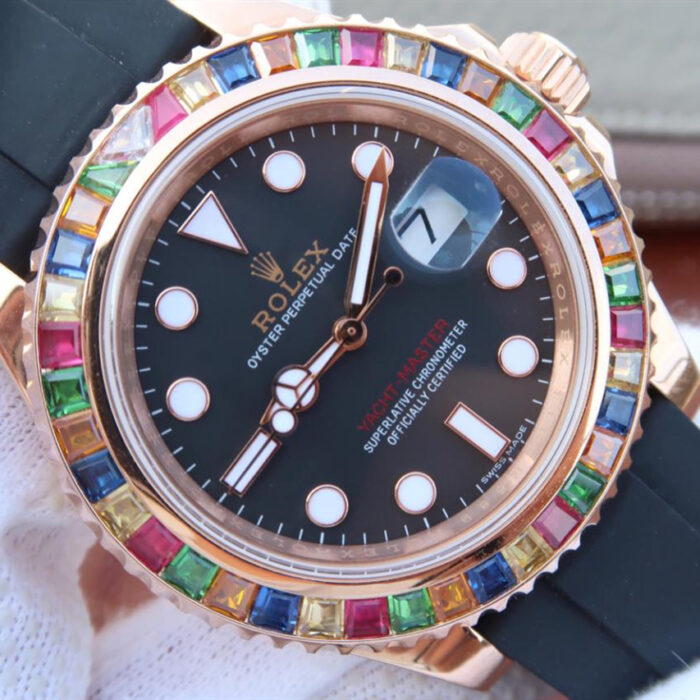 YACHT MASTER 1 GOLDEN DIAMOND BEZEL BLACK DIAL RUBBER STRAP 40MM - Image 10