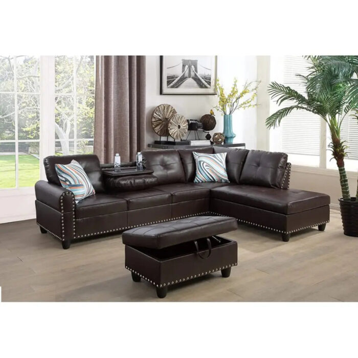 Brandow 97.2' Wide Faux Leather Sofa & Chaise with Ottoman - Image 2