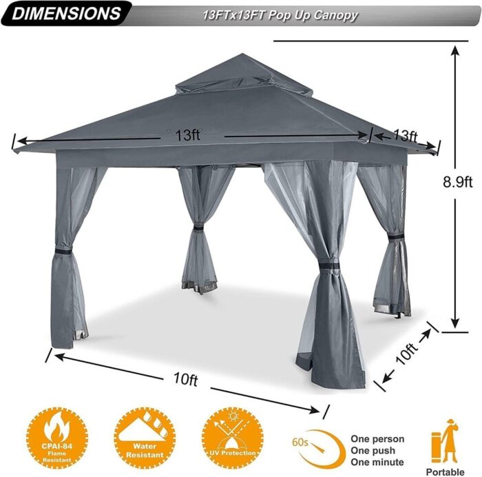 13x13 Gazebo Tent Outdoor Pop up Gazebo Canopy Shelter with Mosquito Netting - Image 7
